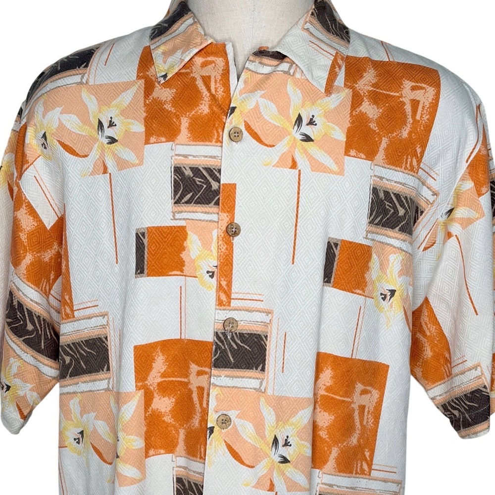 Bobby Chan Button Down Shirt Sz L Orange Abstract Floral Silk Short Sleeve Aloha